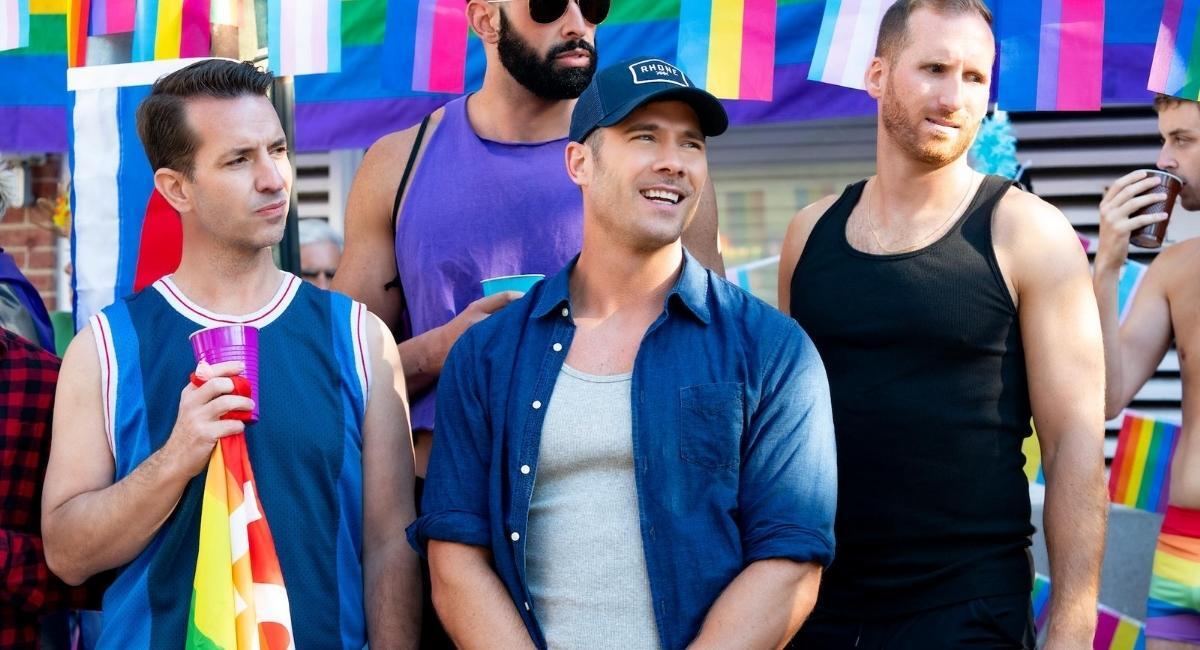 Luke Macfarlane (center) as Aaron in 'Bros,' co-written, produced and directed by Nicholas Stoller.