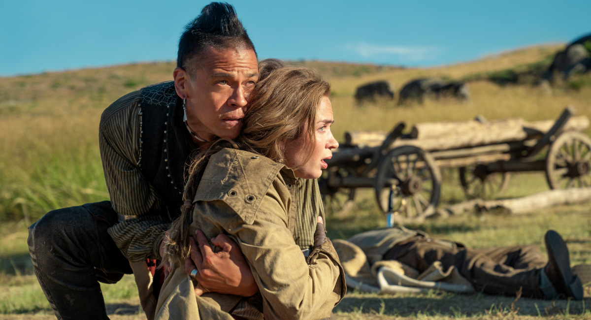 Chaske Spencer and Emily Blunt in 'The English' which premieres November 11th on Prime Video.