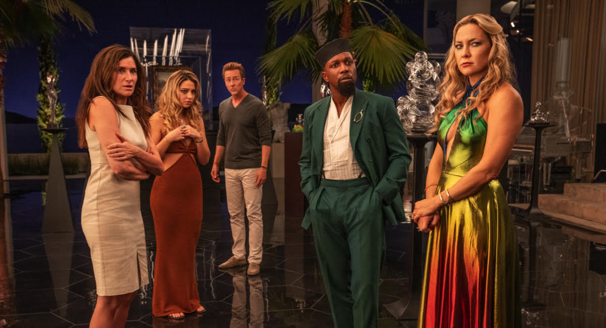 Kathryn Hahn, Madelyn Cline, Edward Norton, Leslie Odom Jr., and Kate Hudson in Netflix's 'Glass Onion: A Knives Out Mystery'.