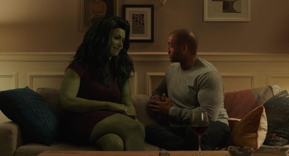 Tatiana Maslany as Jennifer "Jen" Walters/She-Hulk and Michael Curiel as Arthur in Marvel Studios' 'She-Hulk: Attorney at Law,.'
