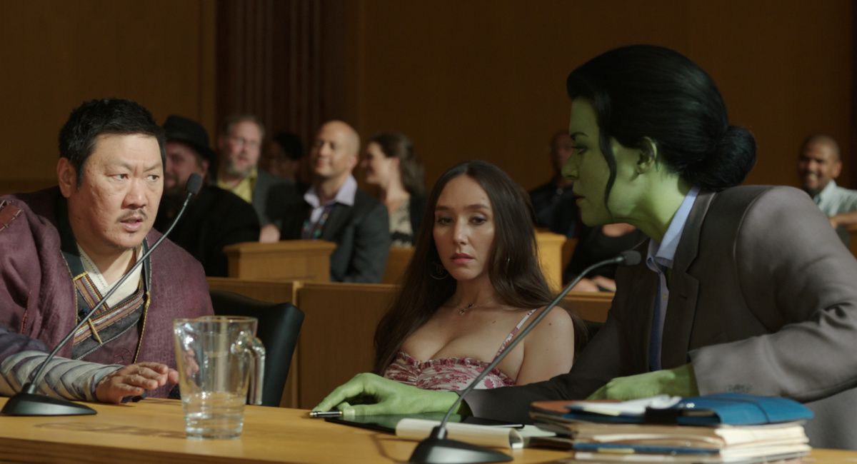 Benedict Wong as Wong, Patty Guggenheim as Madisynn, and Tatiana Maslany as Jennifer "Jen" Walters/She-Hulk in Marvel Studios' 'She-Hulk: Attorney at Law.'