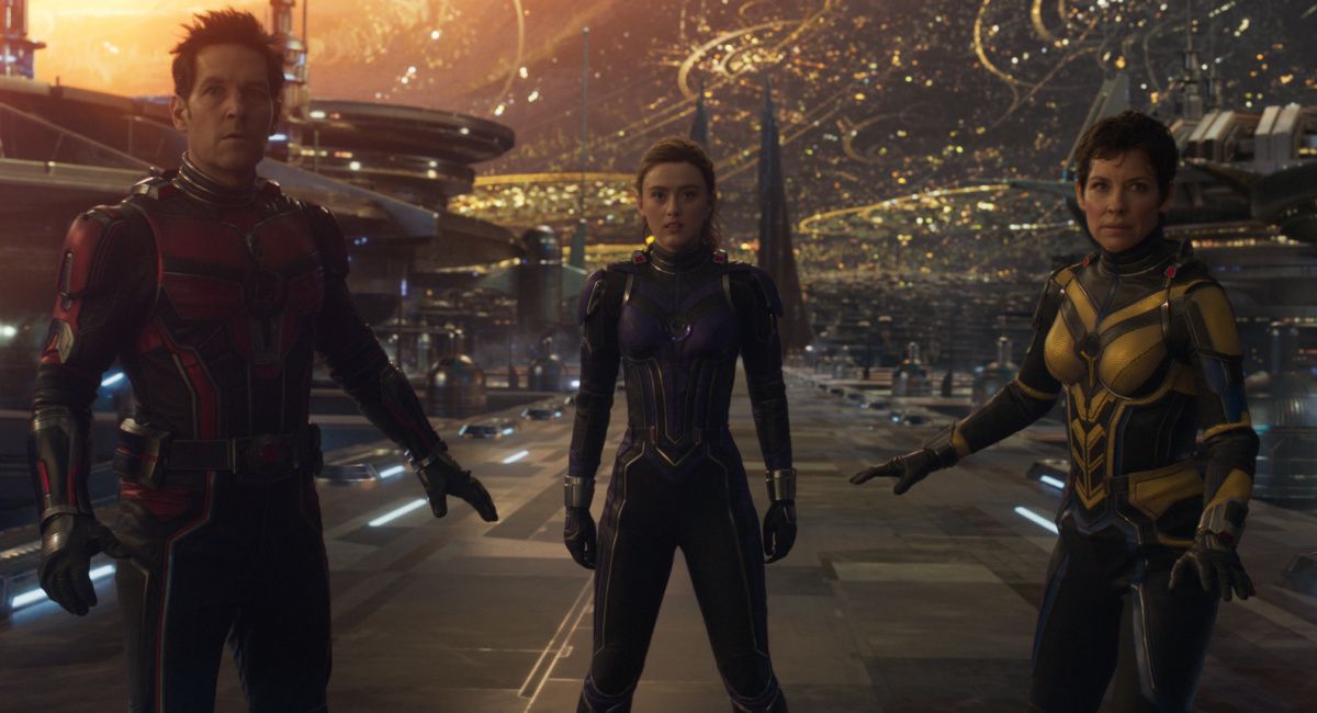 Paul Rudd as Scott Lang/Ant-Man, Kathryn Newton as Cassandra "Cassie" Lang, Evangeline Lilly as Hope Van Dyne/Wasp in Marvel Studios' 'Ant-Man and the Wasp: Quantumania.'