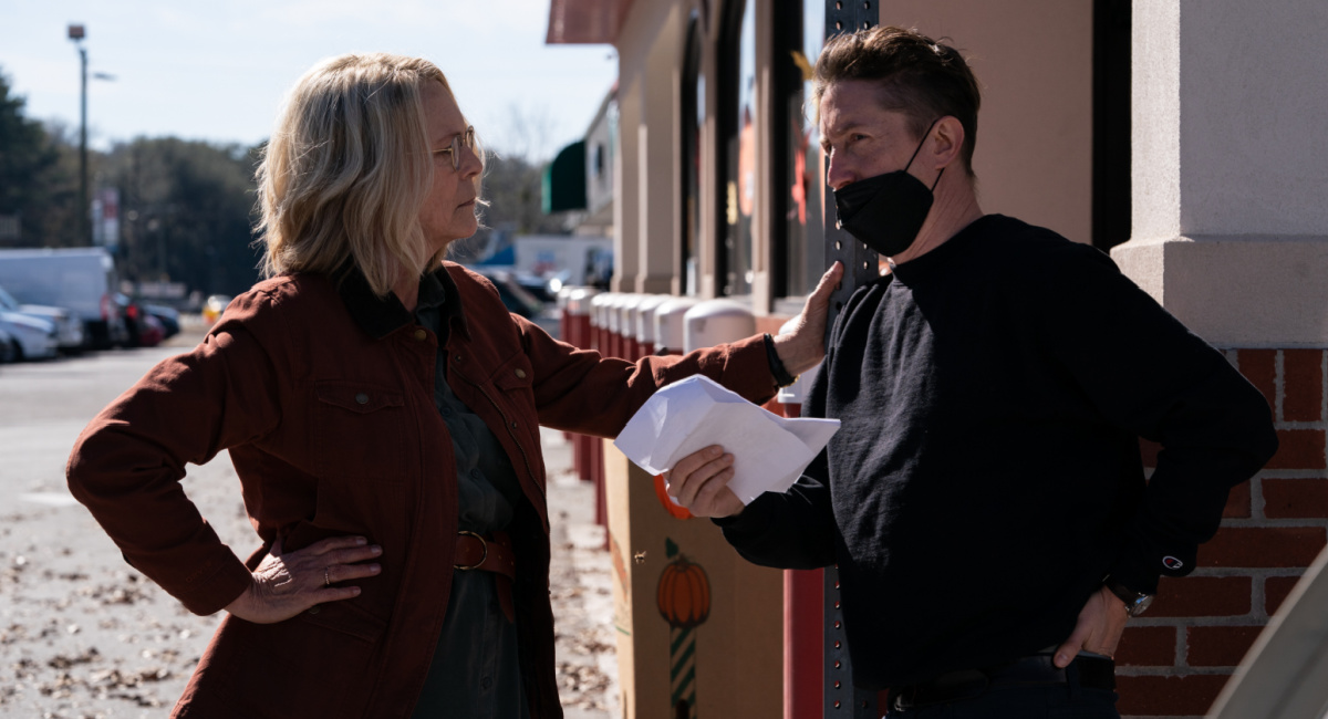 Jamie Lee Curtis and director David Gordon Green on the set of 'Halloween Ends.'