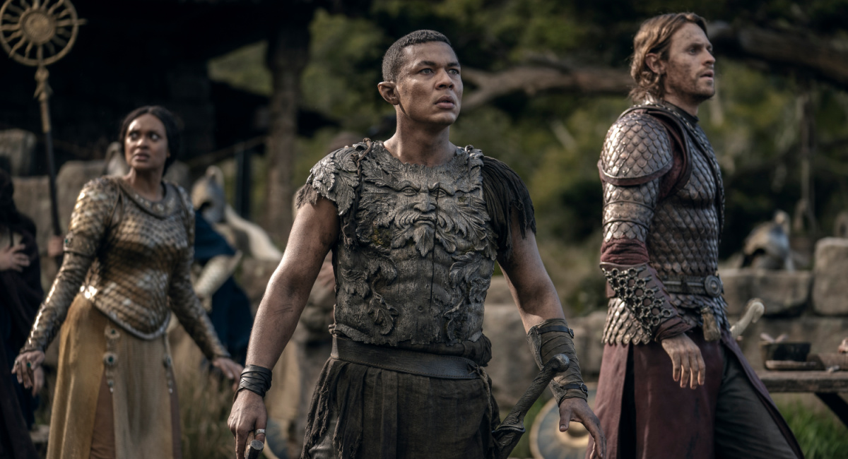Cynthia Addai-Robinson (Queen Regent Míriel), Ismael Cruz Córdova (Arondir), and Charlie Vickers (Halbrand) in Prime Video's 'The Lord of the Rings: The Rings of Power.'