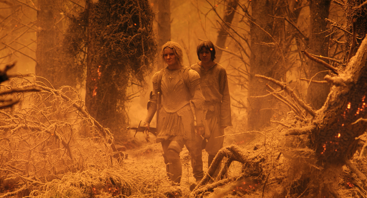 Morfydd Clark (Galadriel), and Tyroe Muhafidin (Theo) in Prime Video's 'The Lord of the Rings: The Rings of Power.'