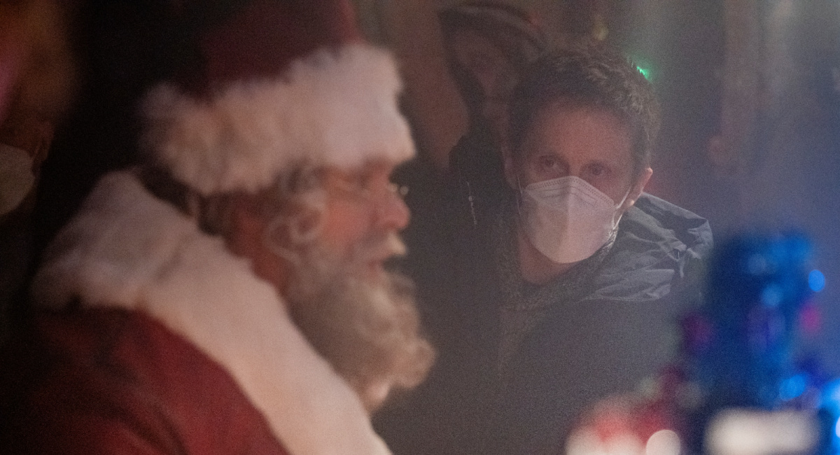David Harbour and director Tommy Wirkola on the set of 'Violent Night.'