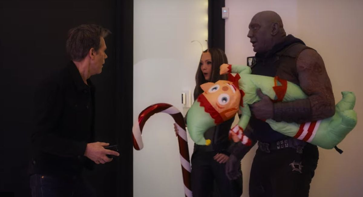 Kevin Bacon, Pom Klementieff, and Dave Bautista in Marvel Studio's 'The Guardians of the Galaxy Holiday Special.'