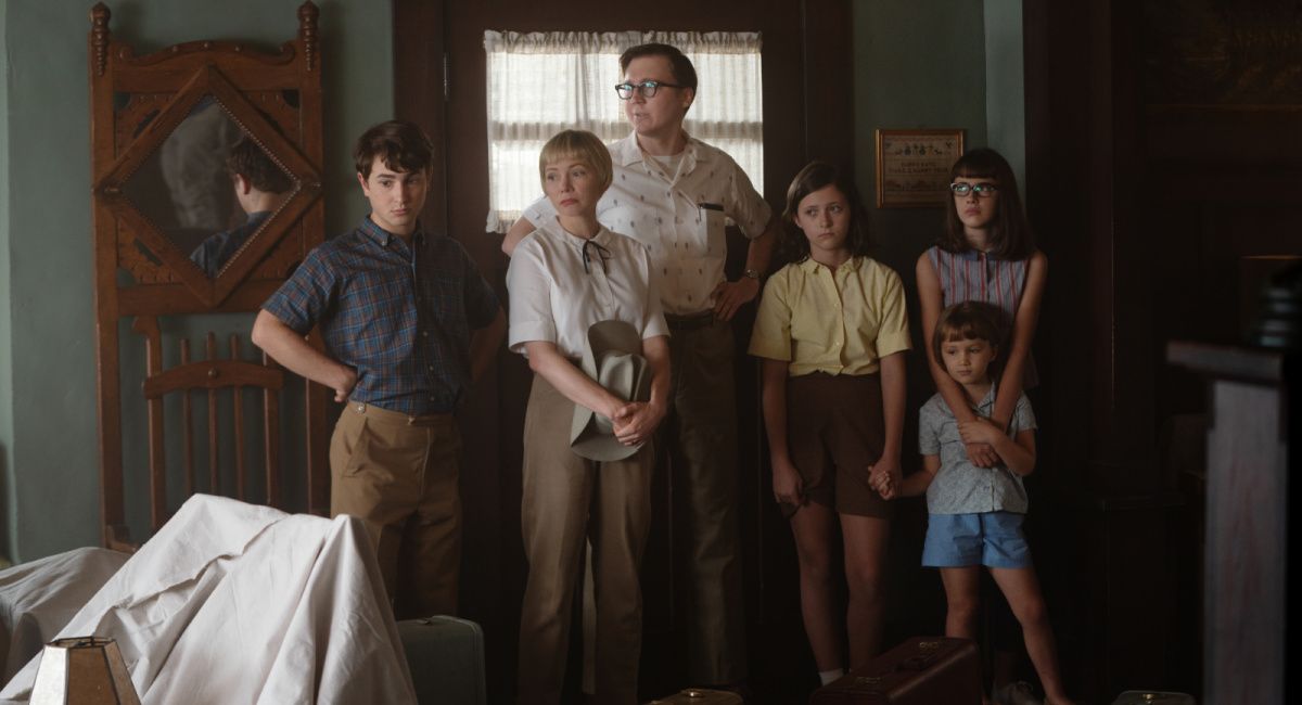 (L to R) Sammy Fabelman (Gabriel LaBelle), Mitzi Fabelman (Michelle Williams), Burt Fabelman (Paul Dano), Natalie Fabelman (Keeley Karsten), Reggie Fabelman (Julia Butters) and Lisa Fabelman (Sophia Kopera) in 'The Fabelmans,' co-written, produced and directed by Steven Spielberg.