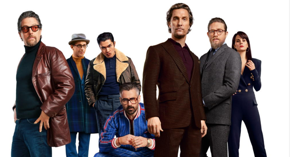 Hugh Grant, Jeremy Strong, Henry Golding, Colin Farrell, Matthew McConaughey, Charlie Hunnam, and Michelle Dockery in Guy Ritchie's 'The Gentlemen.'