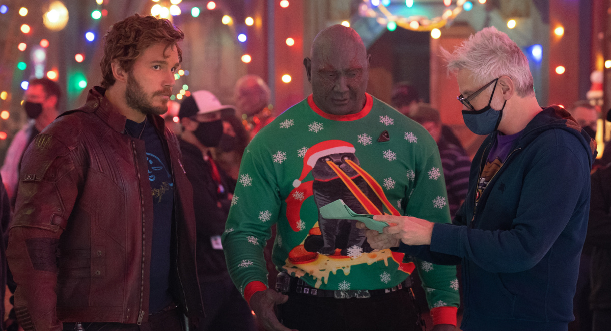 Chris Pratt as Peter Quill/Star-Lord, Dave Bautista as Drax, and Director/Writer James Gunn behind the scenes of Marvel Studios' 'The Guardians of the Galaxy: Holiday Special.'