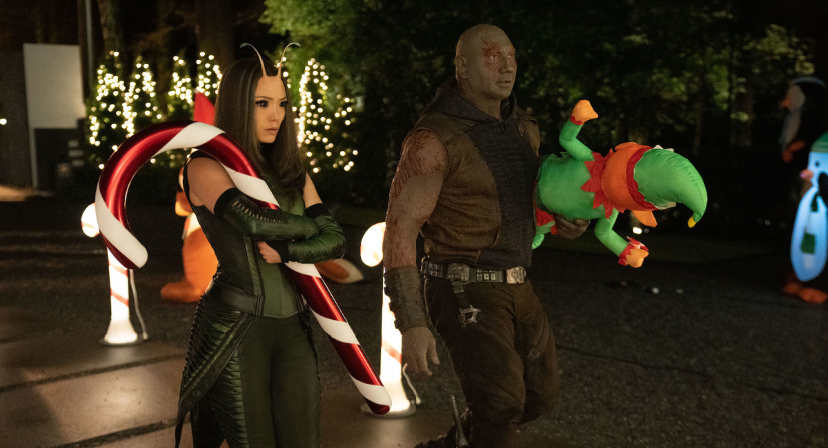 Pom Klementieff as Mantis and Dave Bautista as Drax in Marvel Studios' 'The Guardians of the Galaxy: Holiday Special,' exclusively on Disney+.