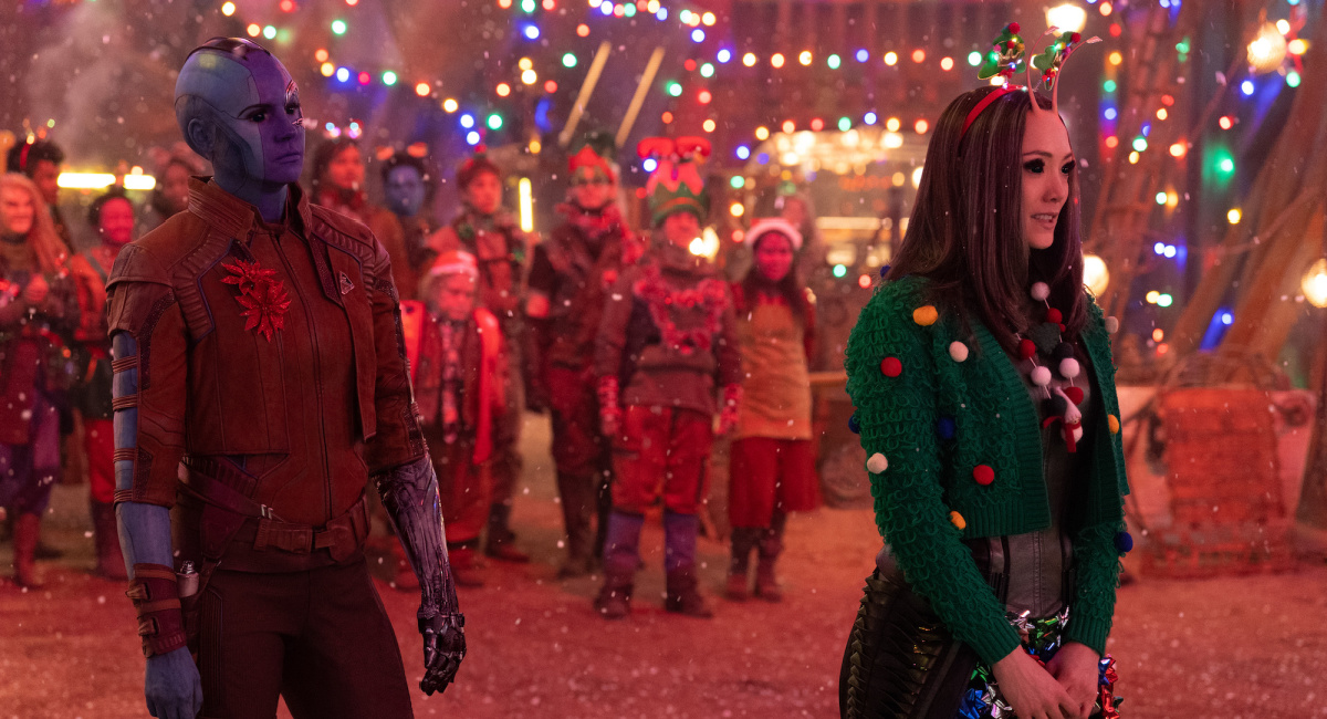 Karen Gillan as Nebula and Pom Klementieff as Mantis in Marvel Studios' 'The Guardians of the Galaxy: Holiday Special,' exclusively on Disney+.