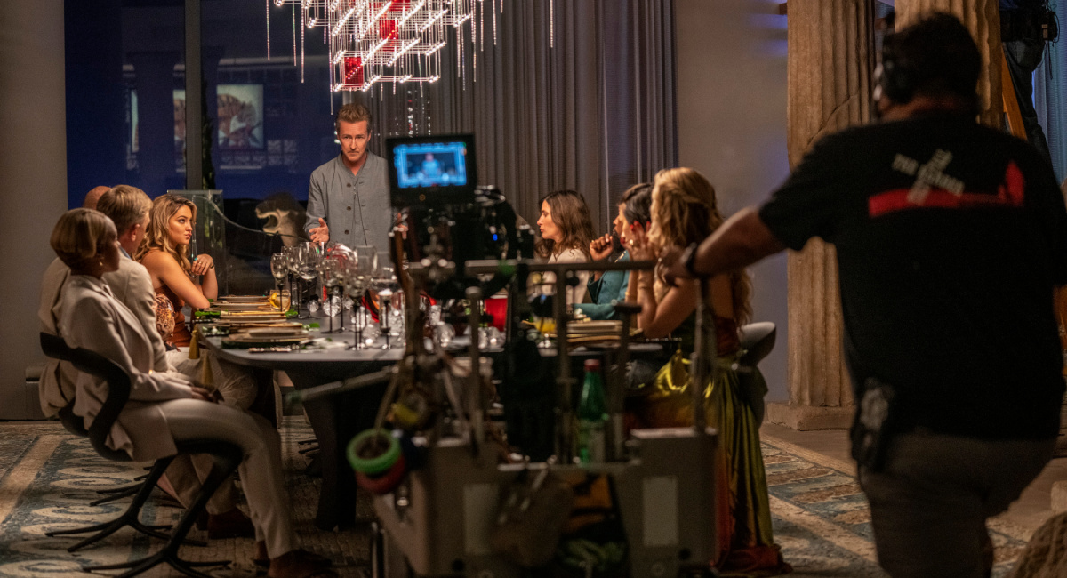Janelle Monáe, Daniel Craig, Dave Bautista, Kate Hudson, Edward Norton, and Kathryn Hahn in 'Glass Onion: A Knives Out Mystery.'