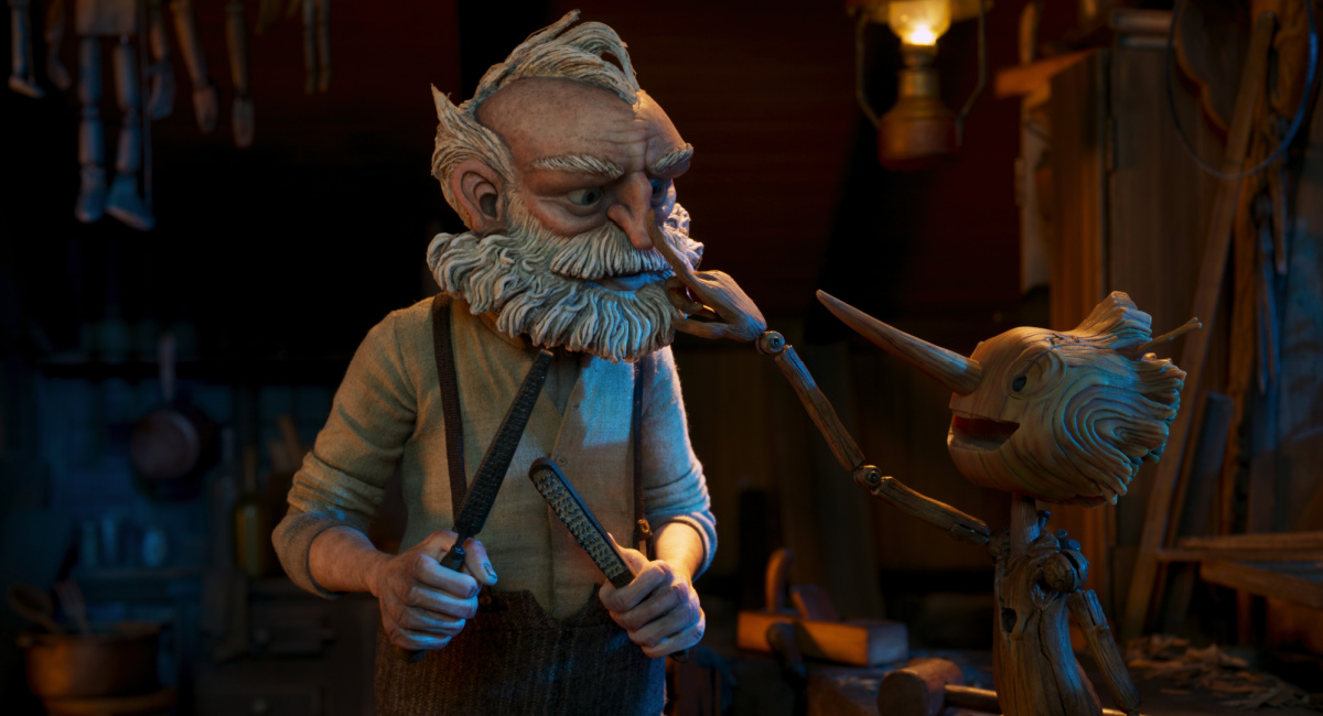 Gepetto (voiced by David Bradley) and Pinocchio (voiced by Gregory Mann) in Guillermo del Toro's 'Pinocchio.'
