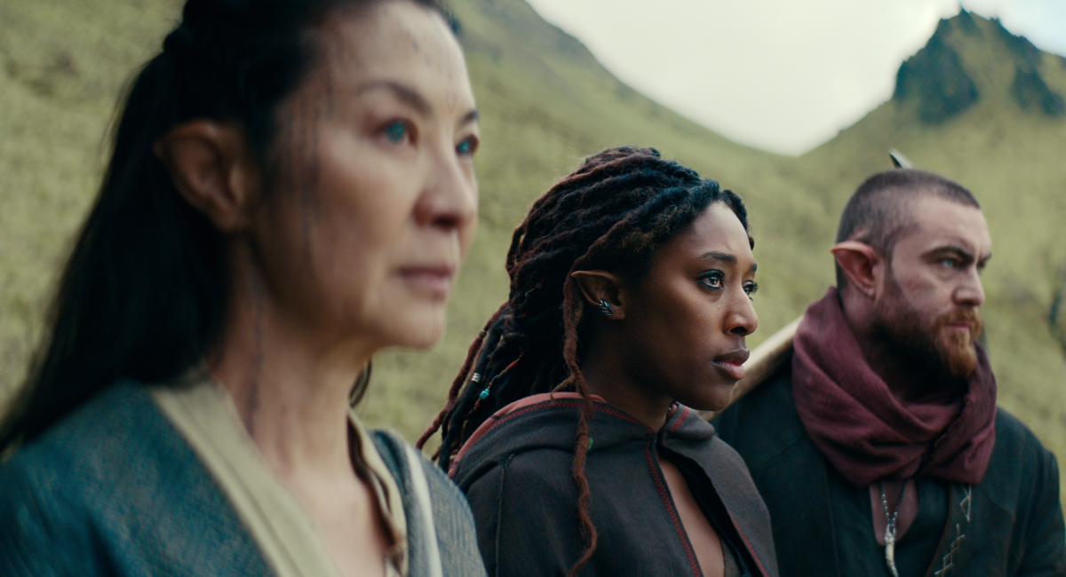 Michelle Yeoh as Scian, Sophia Brown as Éile, and Laurence O'Fuarain as Fjall in Netflix's '‘The Witcher: Blood Origin.'