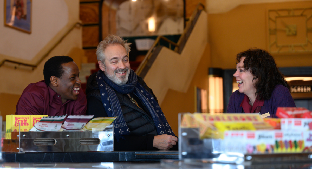 Micheal Ward, Sam Mendes and Olivia Colman on set of the film 'Empire of Light.'