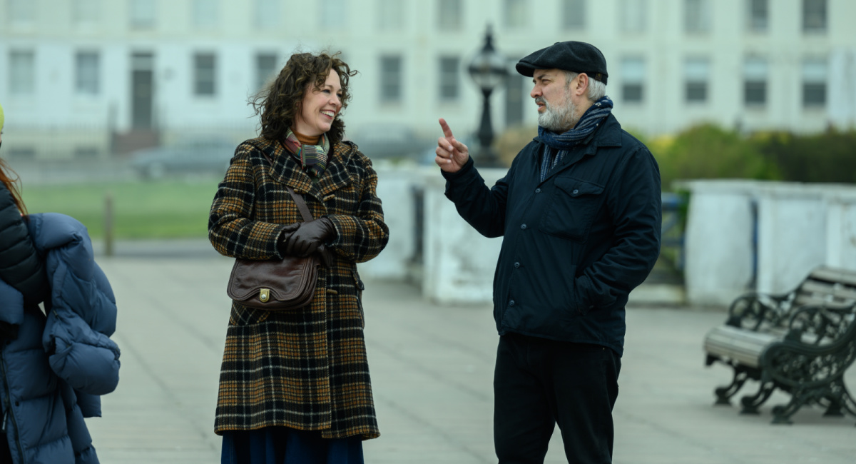 Olivia Colman and Sam Mendes on the set of the movie 'Empire of the Light.'
