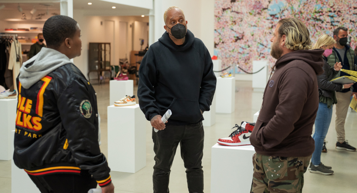 Sam Jay, Director-Writer-Producer Kenya Barris and Jonah Hill on the set of 'You People.'