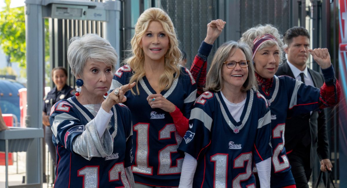 Rita Moreno plays Maura, Jane Fonda plays Trish, Sally Field plays Betty, and Lily Tomlin plays Lou in '80 For Brady' from Paramount Pictures.