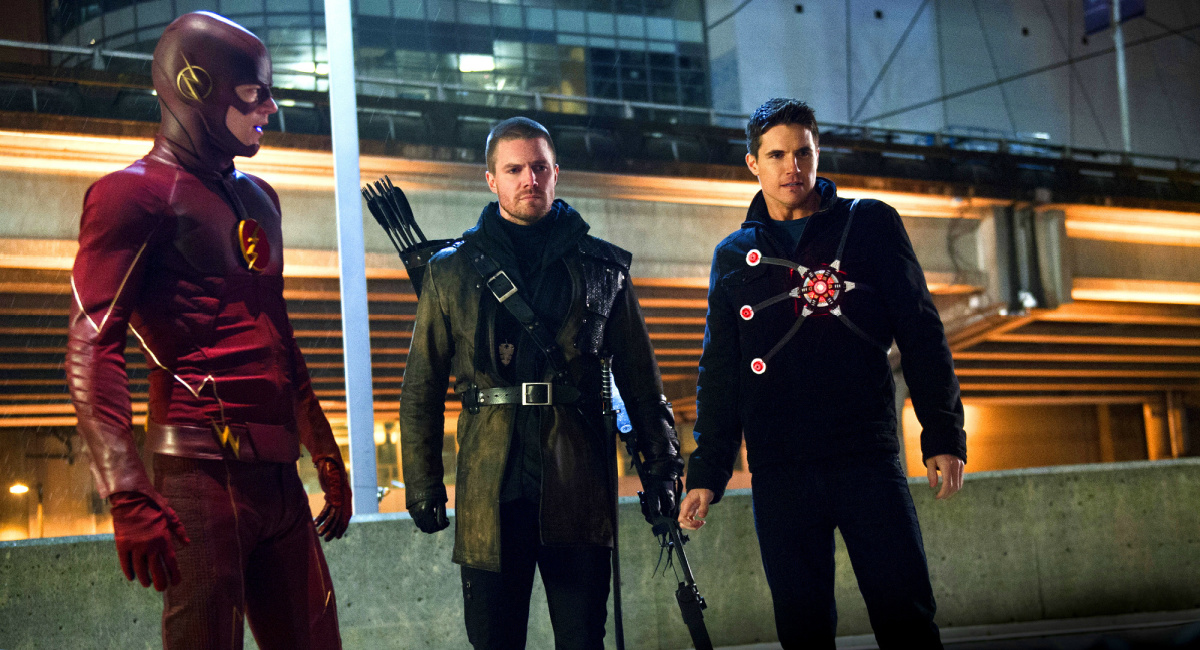 Grant Gustin, Stephen Amell, and Robbie Amell on The CW's 'Arrow.'