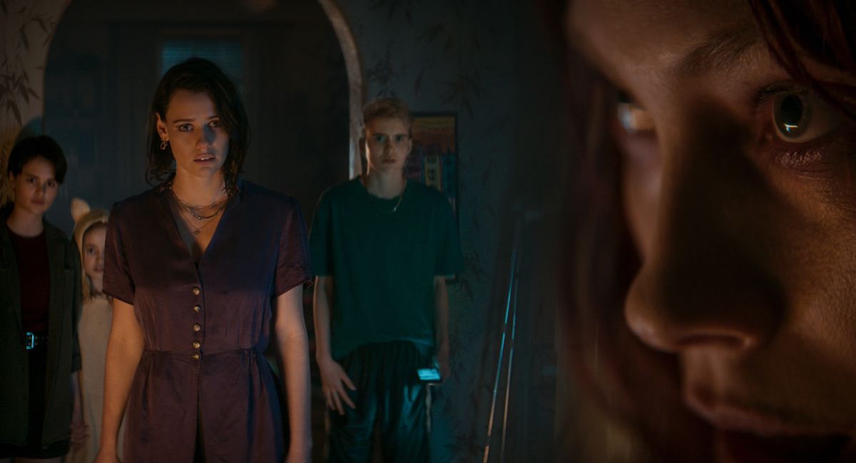 Gabrielle Echols as Bridget, Nell Fisher as Kassie, Lily Sullivan as Beth, Morgan Davies as Danny and Alyssa Sutherland as Ellie in New Line Cinema’s horror film “Evil Dead Rise," a Warner Bros. Pictures release.