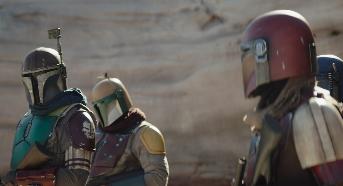 Mandalorians in a scene from Lucasfilm's 'The Mandalorian,' season three, exclusively on Disney+.
