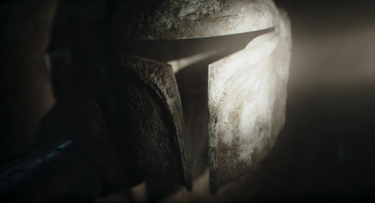 Mandalorian helmet from a scene in Lucasfilm's 'The Mandalorian,' season three, exclusively on Disney+.