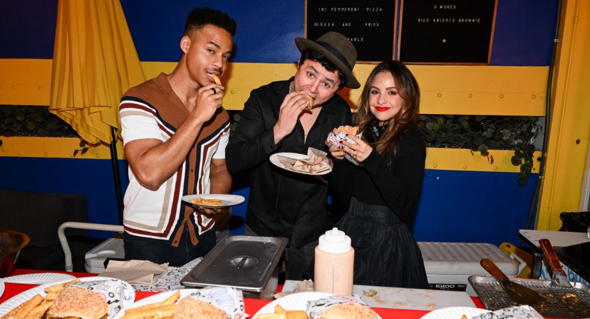 Arturo Castro, Mark St. Cyr and Aimee Carrero at 'The Menu' Blu-ray release party at the Blockbuster Pop Up in Hollywood, CA. 