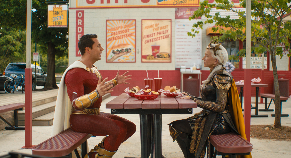 Zachary Levi as Shazam and Helen Mirren as Hespera in New Line Cinema’s action adventure 'Shazam! Fury of the Gods,' a Warner Bros. Pictures release.