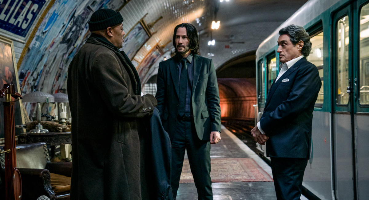 Laurence Fishburne as Bowery King, Keanu Reeves as John Wick, and Ian McShane as Winston in 'John Wick: Chapter 4.'