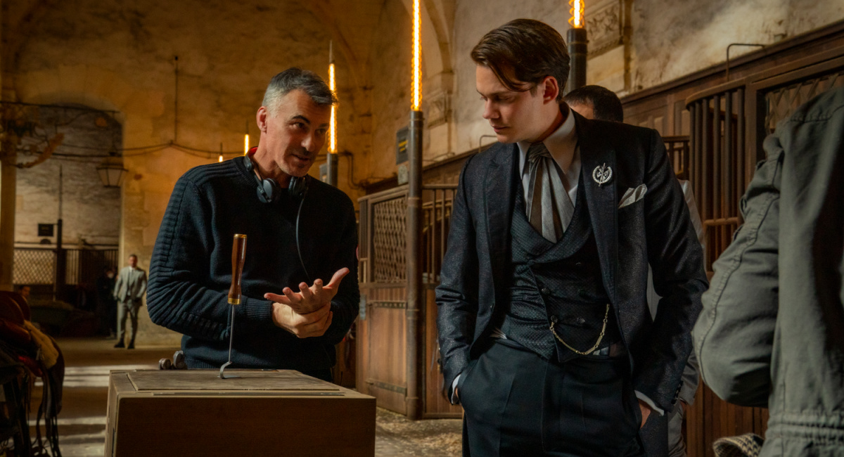 Director Chad Stahelski and Bill Skarsgård as Marquis in 'John Wick: Chapter 4.'