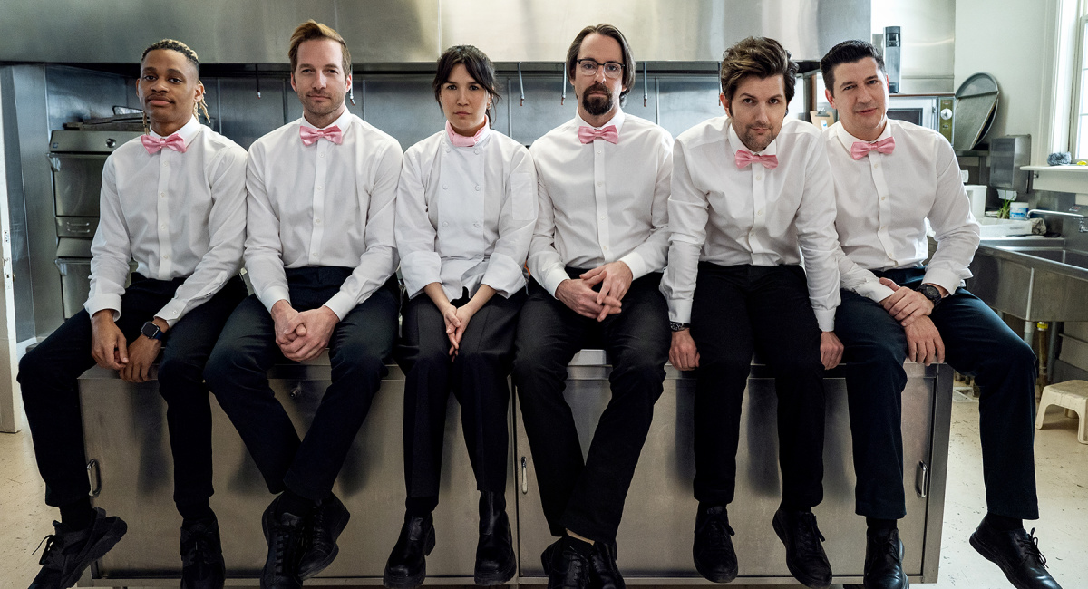 Tyrel Jackson Williams, Ryan Hansen, Zoë Chao, Martin Starr, Adam Scott and Ken Marino in season 3 of Starz's 'Party Down.'