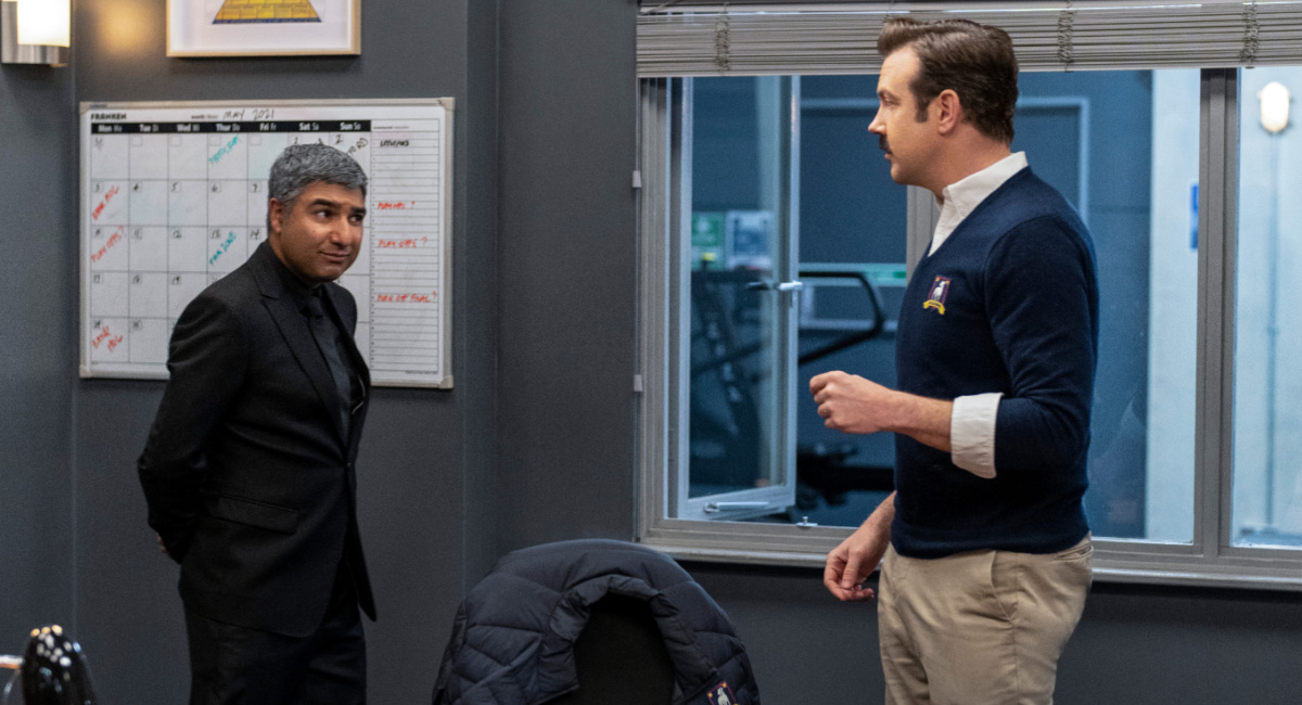 Nick Mohammed and Jason Sudeikis in 'Ted Lasso' season two, now streaming on Apple TV+.