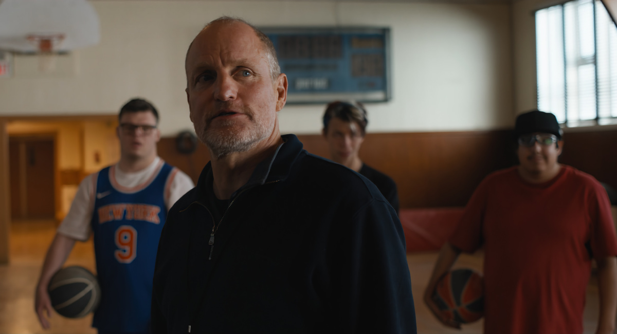 Casey Metcalfe as Marlon, James Day Keith as Benny, Woody Harrelson as Marcus, Ashton Gunning as Cody, and Tom Sinclair as Blair in director Bobby Farrelly's 'Champions' release, a Focus Features.
