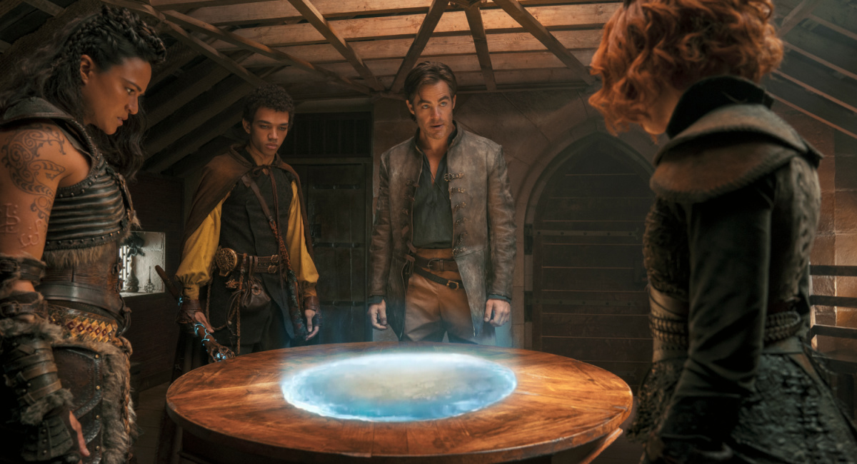 Michelle Rodriguez plays Holga, Justice Smith plays Simon, Chris Pine plays Edgin and Sophia Lillis plays Doric in 'Dungeons & Dragons: Honor Among Thieves' from Paramount Pictures and eOne.