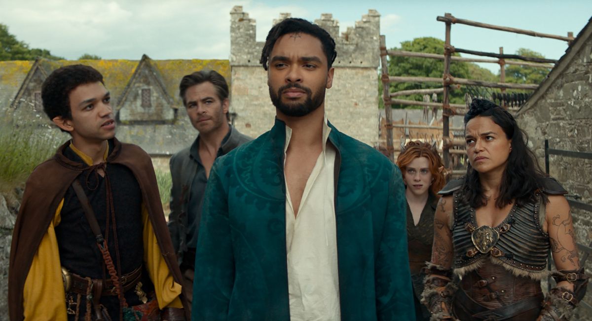 Justice Smith plays Simon, Chris Pine plays Edgin, Rege-Jean Page plays Xenk, Sophia Lillis plays Doric and Michelle Rodriguez plays Holga in 'Dungeons & Dragons: Honor Among Thieves' from Paramount Pictures and eOne.