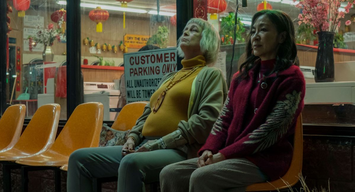 Jamie Lee Curtis as Deirdre Beaubeirdre, and Michelle Yeoh as Evelyn Quan Wang in A24's 'Everything Everywhere All at Once.'