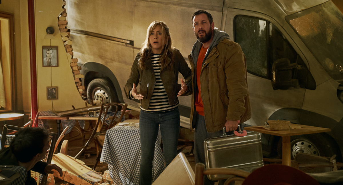 Jennifer Aniston as Audrey Spitz and Adam Sandler as Nick Spitz in 'Murder Mystery 2.'