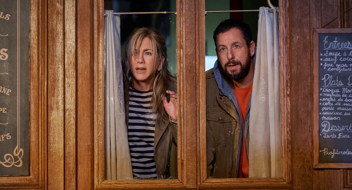 Jennifer Aniston as Audrey Spitz and Adam Sandler as Nick Spitz in 'Murder Mystery 2.'