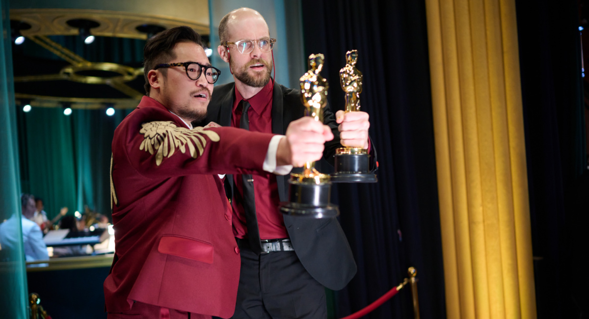 Daniel Scheinert and Daniel Quan pose backstage with their Oscar® for Direction during ABC's live broadcast of the 95th Oscars® at the Dolby® Theater at Ovation Hollywood on Sunday, March 12, 2023.