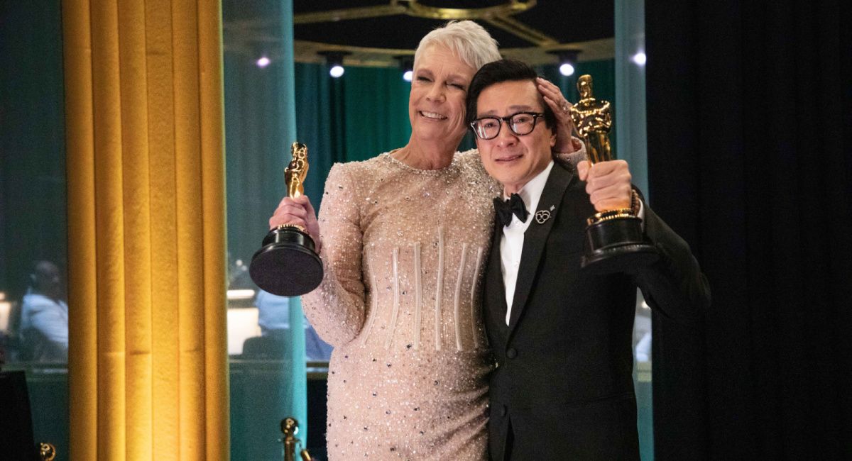 Jamie Lee Curtis and Ke Huy Quan pose backstage as the Oscar® winners for Actress and Actor in a Supporting Role during the live ABC telecast of the 95th Oscars® at Dolby® Theatre at Ovation Hollywood on Sunday, March 12, 2023.