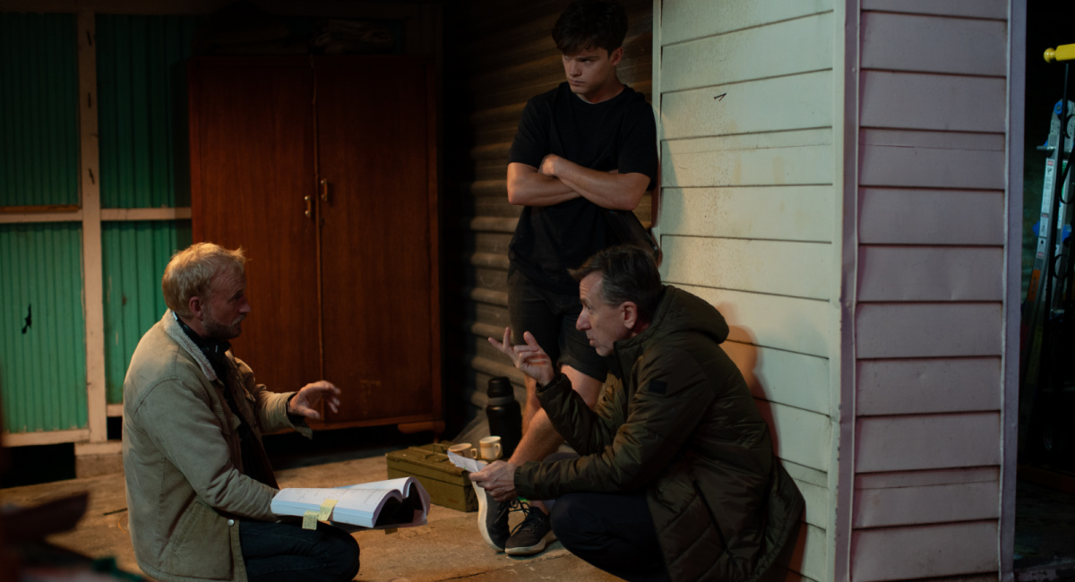 Writer and director Welby Ings, Jordan Oosterhof and Tim Roth on the set of 'Punch.'