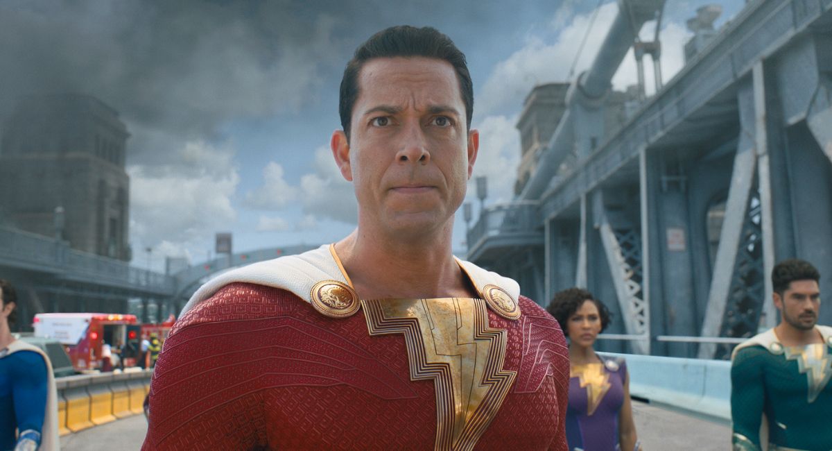 Adam Brody as Super Hero Freddy, Zachary Levi as Shazam, Meagan Good as Super Hero Darla and D.J. Cotrona as Super Hero Pedro in New Line Cinema’s action adventure 'Shazam! Fury of the Gods,'a Warner Bros. Pictures release. Photo Credit: Courtesy of Warner Bros. Pictures.
