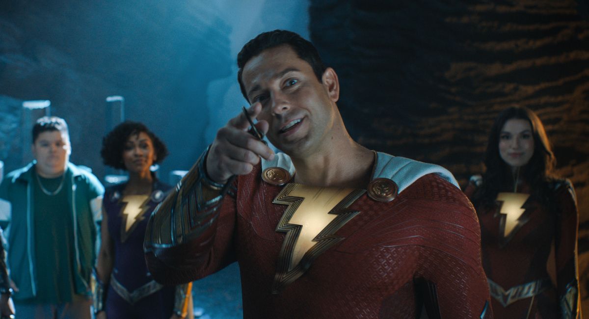 Jovan Armand as Pedro Pena, Meagan Good as Super Hero Darla, Zachary Levi as Shazam and Grace Caroline Curry as as Super Hero Mary in New Line Cinema’s action adventure 'Shazam! Fury of the Gods,' a Warner Bros. Pictures release.