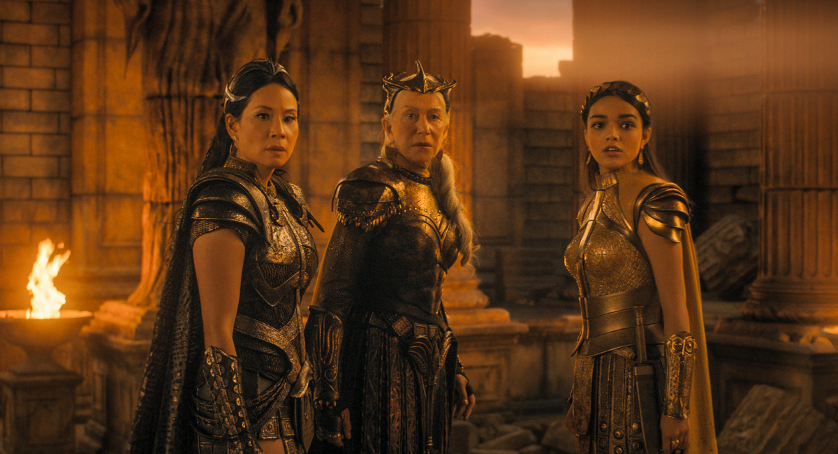 Lucy Liu as Kalypso and Helen Mirren as Hespera and Rachel Zegler as Anthea in New Line Cinema’s action adventure 'Shazam! Fury of the Gods,'a Warner Bros. Pictures release.