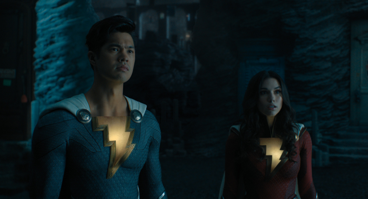 Ross Butler as Super Hero Eugene and Grace Caroline Currey as Super Hero Mary in New Line Cinema’s action adventure 'Shazam! Fury of the Gods,' a Warner Bros. Pictures release.