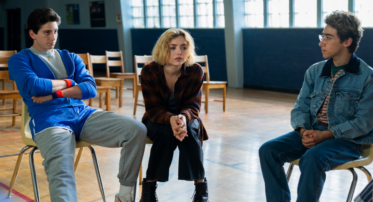 Milo Mannheim as Wally, Peyton List as Maddie and Nick Pugliese as Charley in the Paramount + series 'School Spirits.' Photo