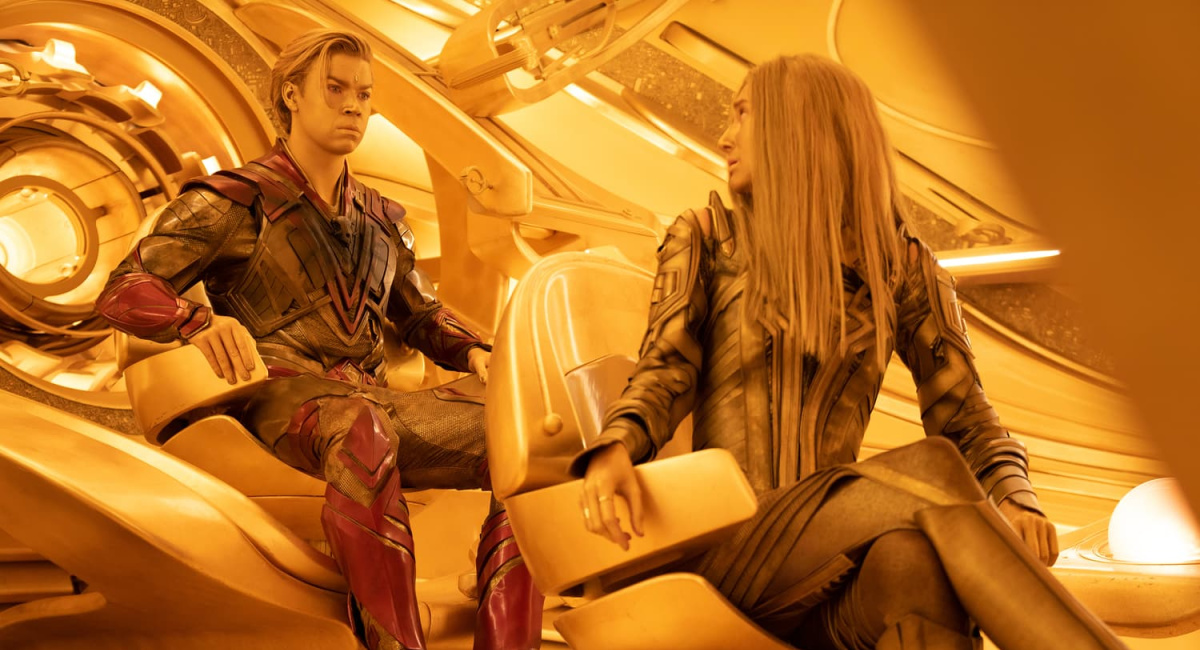 Will Poulter as Adam Warlock and Elizabeth Debicki as Ayesha in 'Guardians of the Galaxy Vol. 3.'