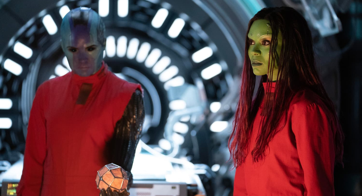 Karen Gillan as Nebula and Zoe Saldaña as Gamora in 'Guardians of the Galaxy Vol. 3.'