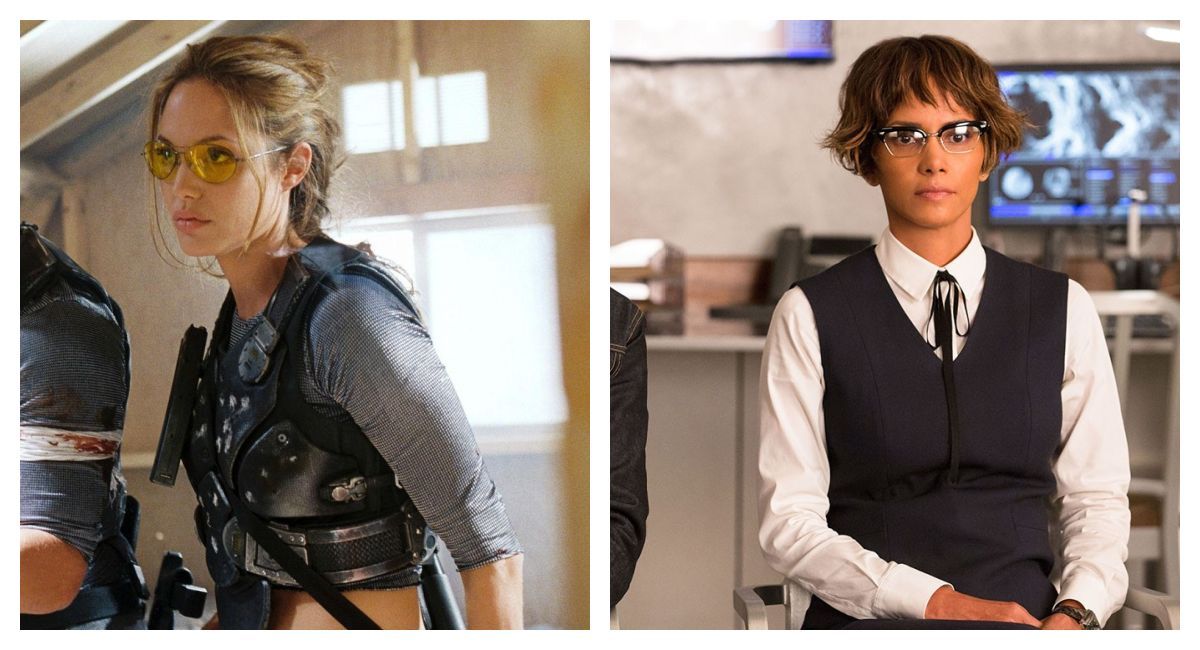 (Esquerda) Angelina Jolie em 'Sr.  & Sra. Smith.'  (Direita) Halle Berry em 'Kingsman: O Círculo Dourado'.